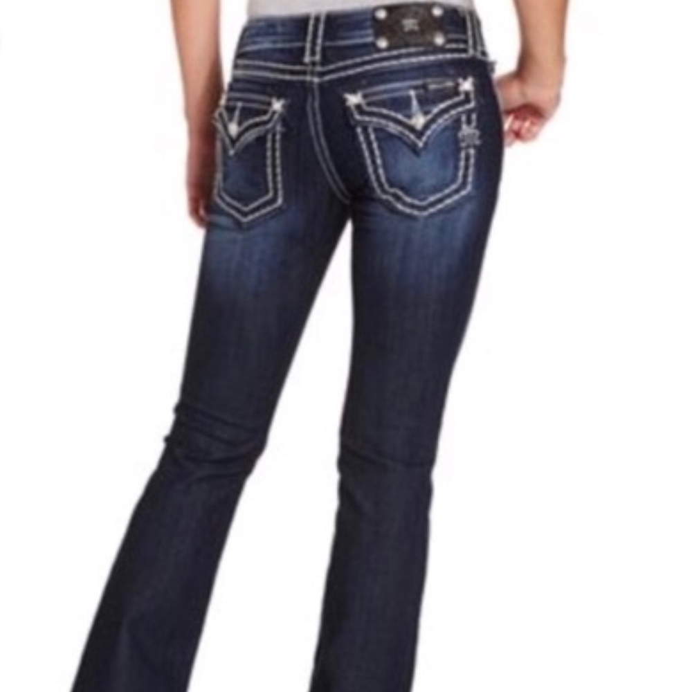 MISS ME LOOSE SADDLES STITCH BORDER BOOT CUT JEANS